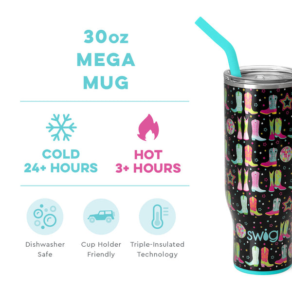 Swig Life 30oz Disco Cowgirl Mega Mug temperature infographic - cold 24+ hours or hot 3+ hours