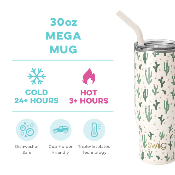 Swig Life 30oz Desert Child Mega Mug temperature infographic - cold 24+ hours or hot 3+ hours