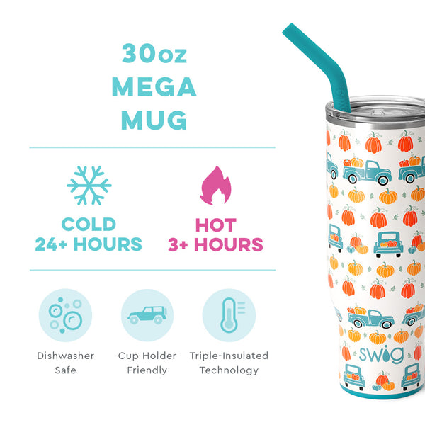 Swig Life 30oz Pumpkin Patch Mega Mug temperature infographic - cold 24+ hours or hot 3+ hours