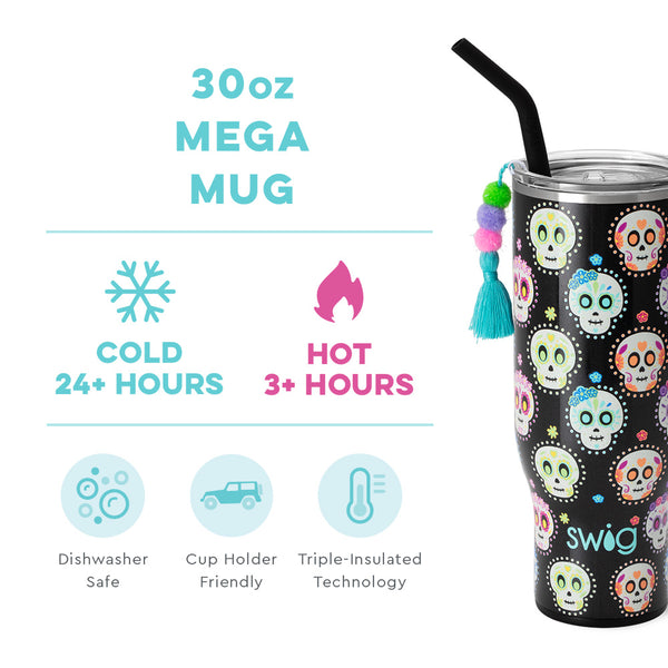 Swig Life 30oz Sugar Skulls Mega Mug temperature infographic - cold 24+ hours or hot 3+ hours