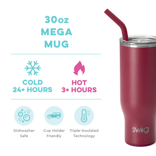 Swig Life 30oz Maroon Mega Mug temperature infographic - cold 24+ hours or hot 3+ hours