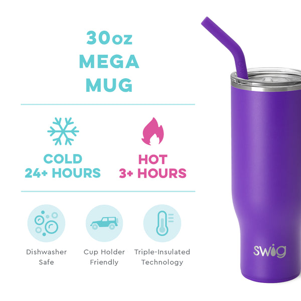 Swig Life 30oz Purple Mega Mug temperature infographic - cold 24+ hours or hot 3+ hours