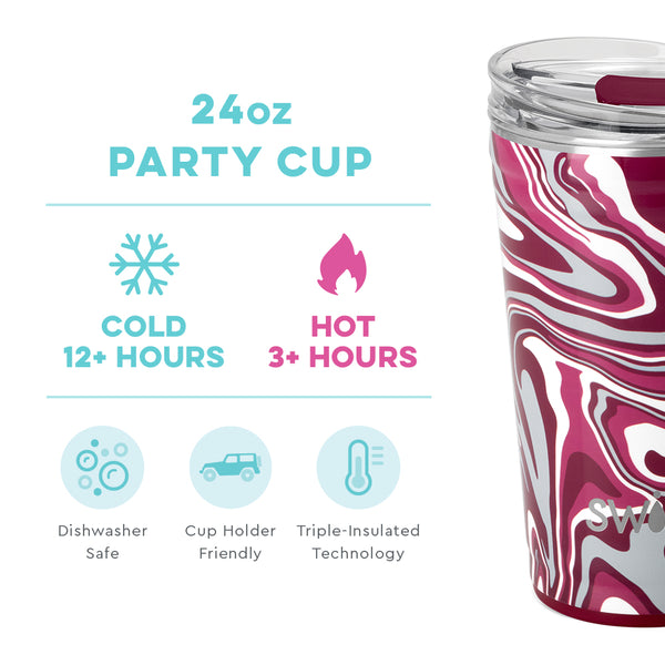 Swig Life 24oz Fanzone Maroon Party Cup temperature infographic - cold 12+ hours or hot 3+ hours