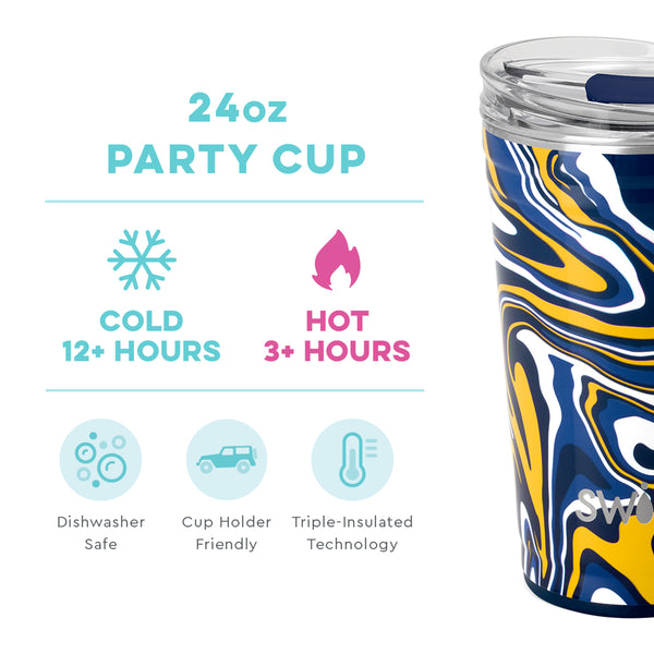 Swig Life 24oz Fanzone Navy + Yellow Party Cup temperature infographic - cold 12+ hours or hot 3+ hours