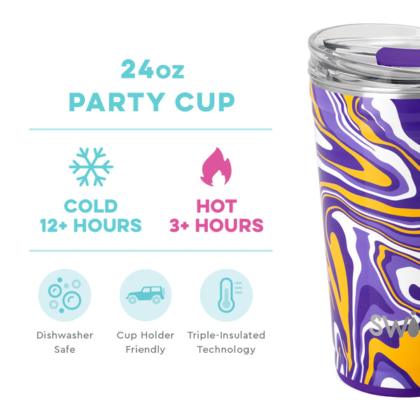 Swig Life 24oz Fanzone Purple + Yellow Party Cup temperature infographic - cold 12+ hours or hot 3+ hours