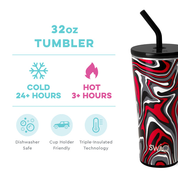 Swig Life 32oz Fanzone Black + Red Straw Tumbler temperature infographic - cold 24+ hours or hot 3+ hours