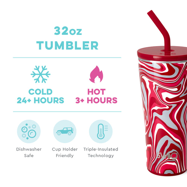 Swig Life 32oz Fanzone Crimson Straw Tumbler temperature infographic - cold 24+ hours or hot 3+ hours