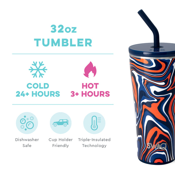 Swig Life 32oz Fanzone Navy + Orange Straw Tumbler temperature infographic - cold 24+ hours or hot 3+ hours