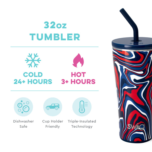 Swig Life 32oz Fanzone Navy + Red Straw Tumbler temperature infographic - cold 24+ hours or hot 3+ hours