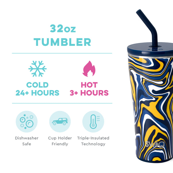 Swig Life 32oz Fanzone Navy + Yellow Straw Tumbler temperature infographic - cold 24+ hours or hot 3+ hours