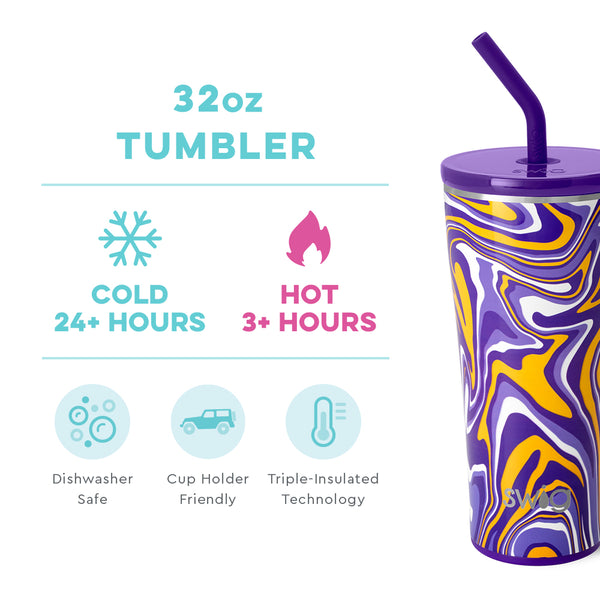 Swig Life 32oz Fanzone Purple + Yellow Straw Tumbler temperature infographic - cold 24+ hours or hot 3+ hours