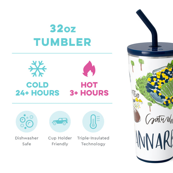 Swig Life 32oz Saturdays in Ann Arbor Straw Tumbler temperature infographic - cold 24+ hours or hot 3+ hours