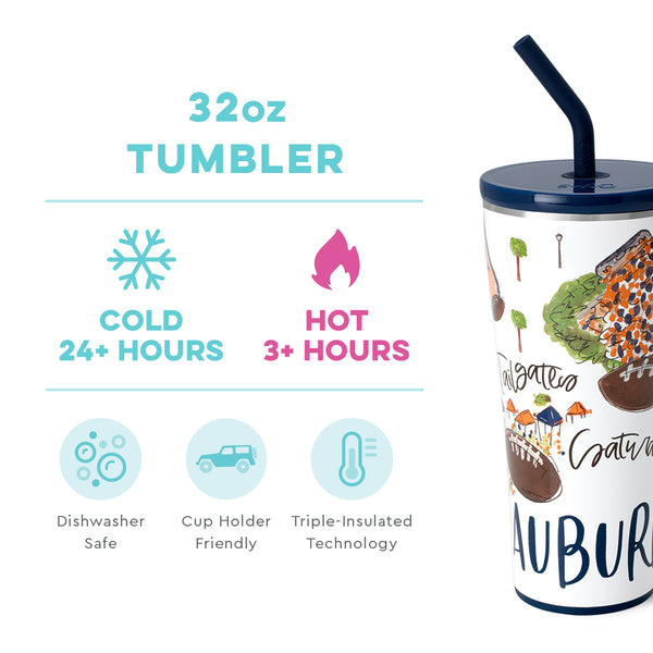 Swig Life 32oz Saturdays in Auburn Straw Tumbler temperature infographic - cold 24+ hours or hot 3+ hours