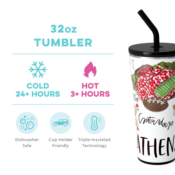 Swig Life 32oz Saturdays in Athens Straw Tumbler temperature infographic - cold 24+ hours or hot 3+ hours