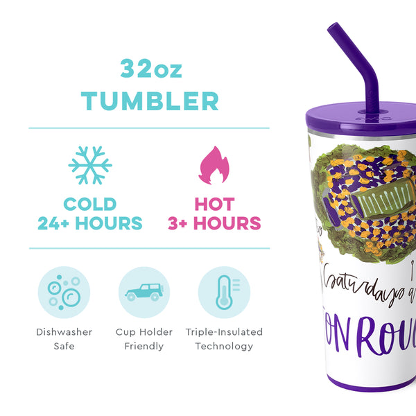 Swig Life 32oz Saturdays in Baton Rouge Straw Tumbler temperature infographic - cold 24+ hours or hot 3+ hours