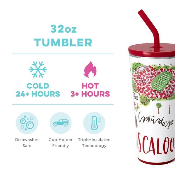 Swig Life 32oz Saturdays in Tuscaloosa Straw Tumbler temperature infographic - cold 24+ hours or hot 3+ hours