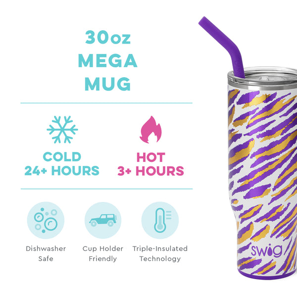 Swig Life 30oz Geaux Gameday Mega Mug temperature infographic - cold 24+ hours or hot 3+ hours