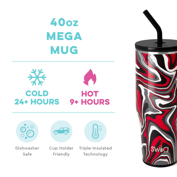 Swig Life 40oz Fanzone Black + Red Mega Mug temperature infographic - cold 24+ hours or hot 9+ hours