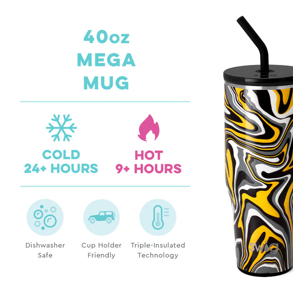 Swig Life 40oz Fanzone Black + Yellow Mega Mug temperature infographic - cold 24+ hours or hot 9+ hours