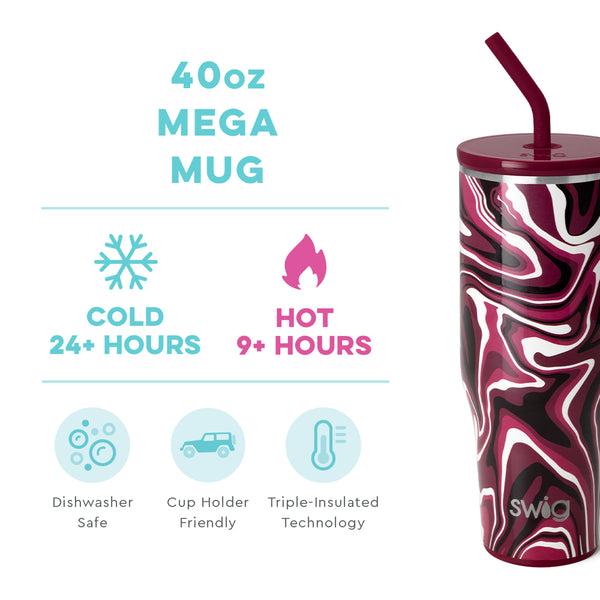 Swig Life 40oz Fanzone Maroon + Black Mega Mug temperature infographic - cold 24+ hours or hot 9+ hours