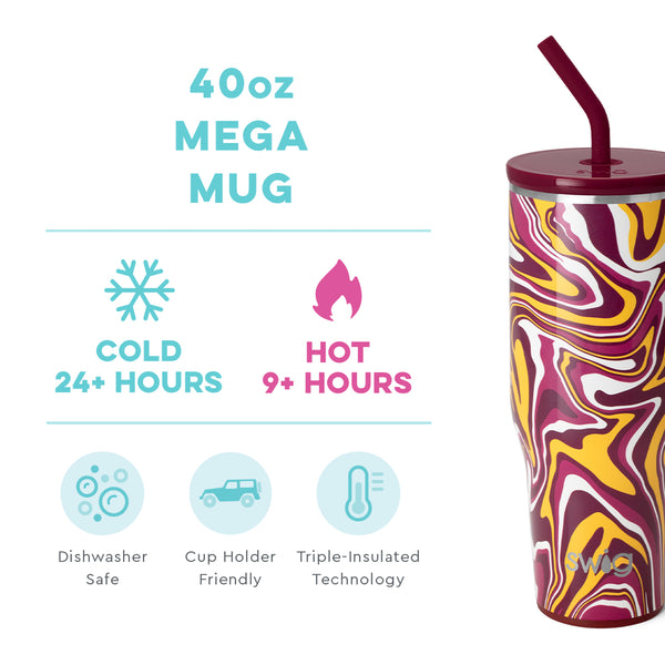 Swig Life 40oz Fanzone Maroon + Yellow Mega Mug temperature infographic - cold 24+ hours or hot 9+ hours