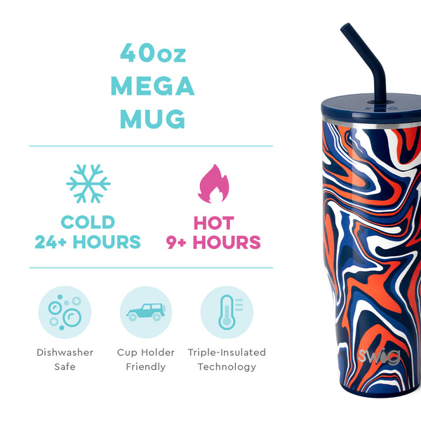 Swig Life 40oz Fanzone Navy + Orange Mega Mug temperature infographic - cold 24+ hours or hot 9+ hours