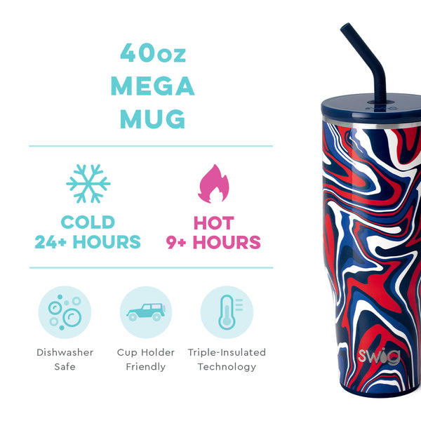 Swig Life 40oz Fanzone Navy + Red Mega Mug temperature infographic - cold 24+ hours or hot 9+ hours