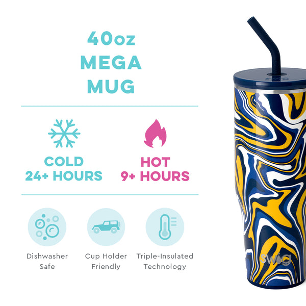 Swig Life 40oz Fanzone Navy + Yellow Mega Mug temperature infographic - cold 24+ hours or hot 9+ hours