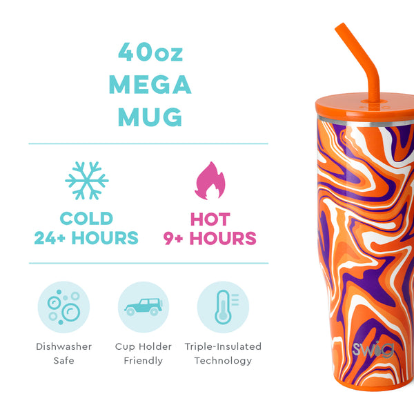 Swig Life 40oz Fanzone Orange + Purple Mega Mug temperature infographic - cold 24+ hours or hot 9+ hours