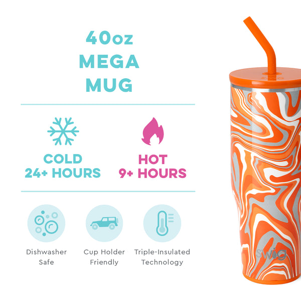 Swig Life 40oz Fanzone Orange Mega Mug temperature infographic - cold 24+ hours or hot 9+ hours