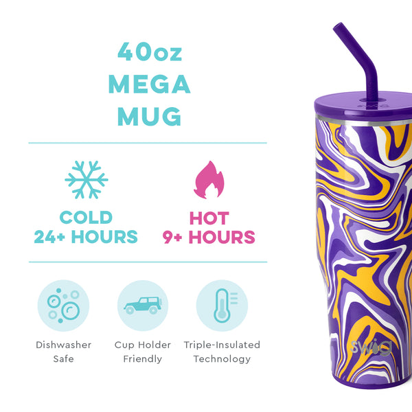 Swig Life 40oz Fanzone Purple + Yellow Mega Mug temperature infographic - cold 24+ hours or hot 9+ hours