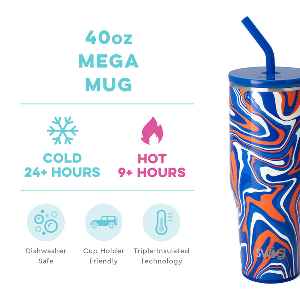 Swig Life 40oz Fanzone Royal + Orange Mega Mug temperature infographic - cold 24+ hours or hot 9+ hours