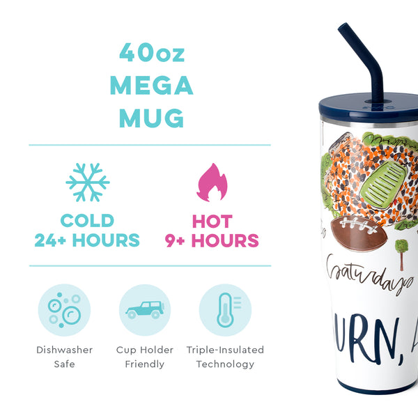 Swig Life 40oz Saturdays in Auburn Mega Mug temperature infographic - cold 24+ hours or hot 9+ hours