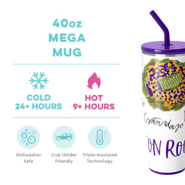 Swig Life 40oz Saturdays in Baton Rouge Mega Mug temperature infographic - cold 24+ hours or hot 9+ hours