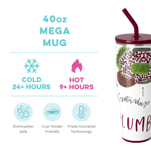 Swig Life 40oz Saturdays in Columbia, SC Mega Mug temperature infographic - cold 24+ hours or hot 9+ hours