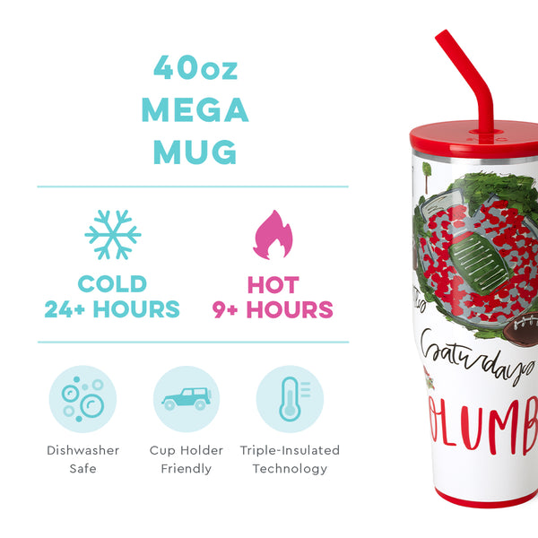 Swig Life 40oz Columbus Mega Mug temperature infographic - cold 24+ hours or hot 9+ hours