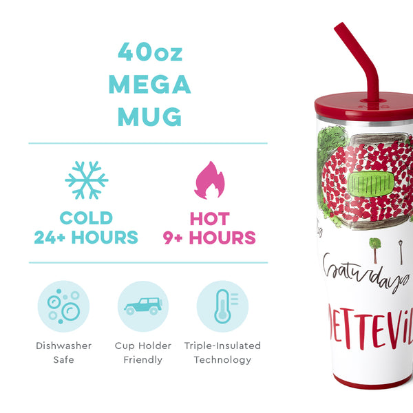 Swig Life 40oz Saturdays in Fayetteville Mega Mug temperature infographic - cold 24+ hours or hot 9+ hours