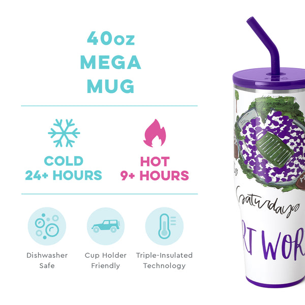 Swig Life 40oz Saturdays in Fort Worth Mega Mug temperature infographic - cold 24+ hours or hot 9+ hours