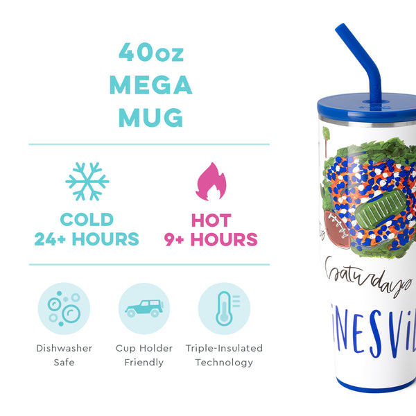 Swig Life 40oz Saturdays in Gainesville Mega Mug temperature infographic - cold 24+ hours or hot 9+ hours