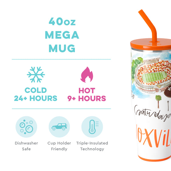 Swig Life 40oz Saturdays in Knoxville Mega Mug temperature infographic - cold 24+ hours or hot 9+ hours