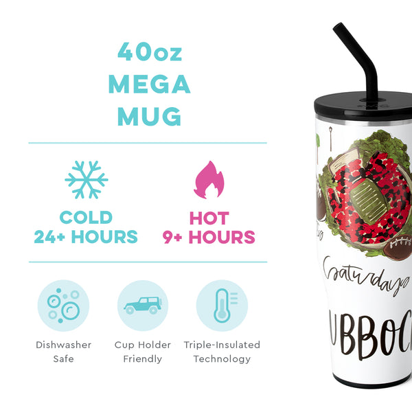 Swig Life 40oz Saturdays in Lubbock Mega Mug temperature infographic - cold 24+ hours or hot 9+ hours