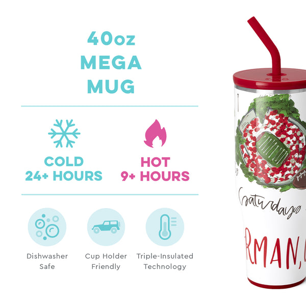 Swig Life 40oz Saturdays in Norman Mega Mug temperature infographic - cold 24+ hours or hot 9+ hours