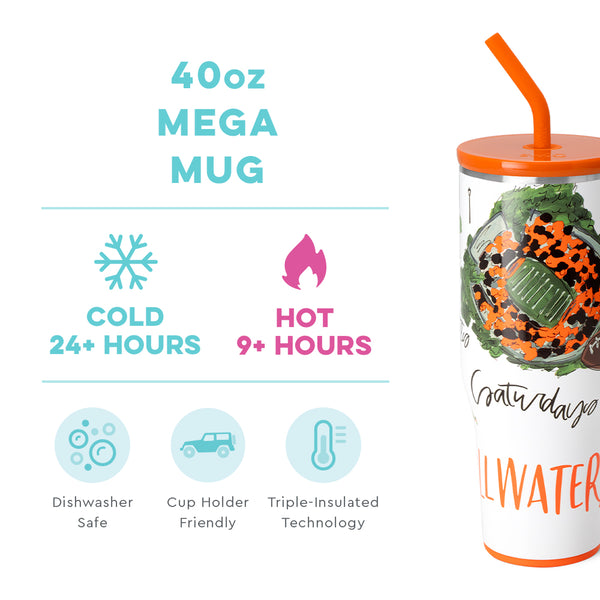 Swig Life 40oz Saturdays in Stillwater Mega Mug temperature infographic - cold 24+ hours or hot 9+ hours