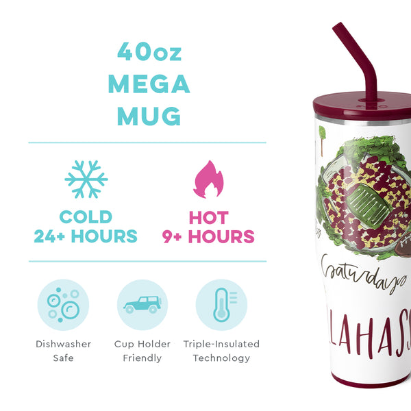 Swig Life 40oz Saturdays in Tallahassee Mega Mug temperature infographic - cold 24+ hours or hot 9+ hours