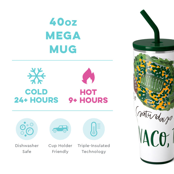 Swig Life 40oz Saturdays in Waco Mega Mug temperature infographic - cold 24+ hours or hot 9+ hours