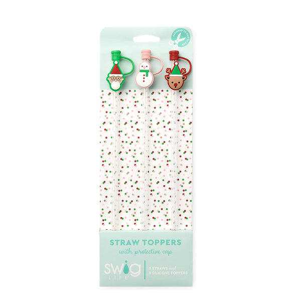 Swig Life Christmas Crew Straw Topper Set including three straws and three silicone topper protective caps