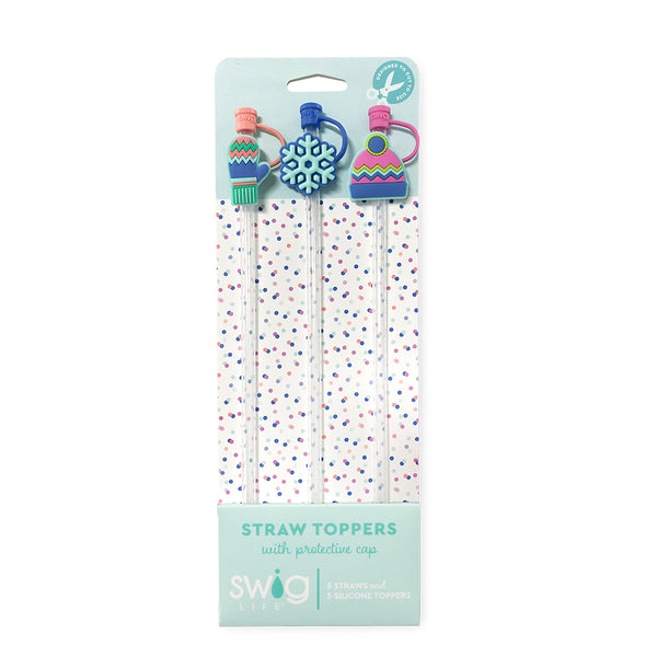 Swig Life Snow Day Straw Topper Set including three straws and three silicone topper protective caps