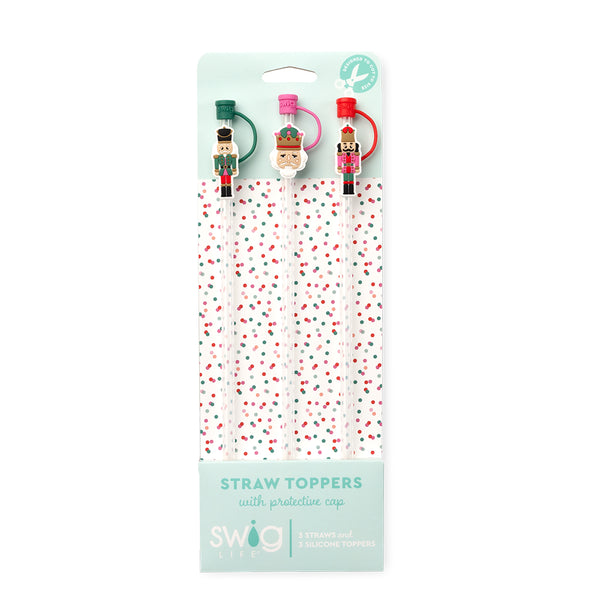 Swig Life Classic Nutcracker Straw Topper Set including three straws and three silicone topper protective caps