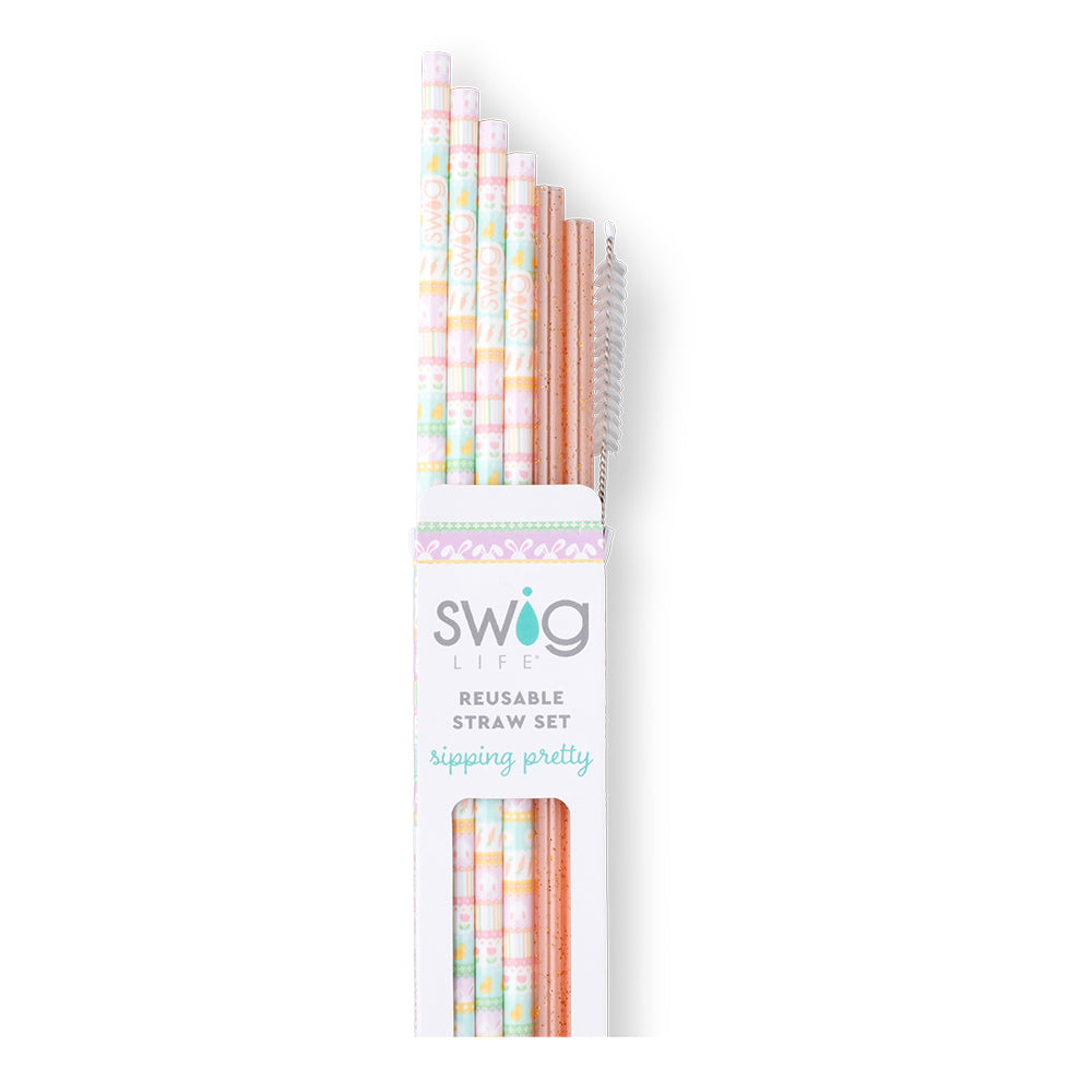 Swig Life Bunny Trail + Peach Glitter Reusable Straw Set with six straws and cleaning brush - Swig Life