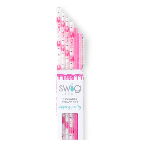 Swig Life Faboolous + Pink Glitter Reusable Straw Set with six straws and cleaning brush